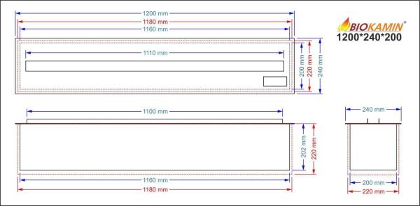 3D atomizing fireplace, flame imitation, width 1200 mm, depth 240 mm 1 colour