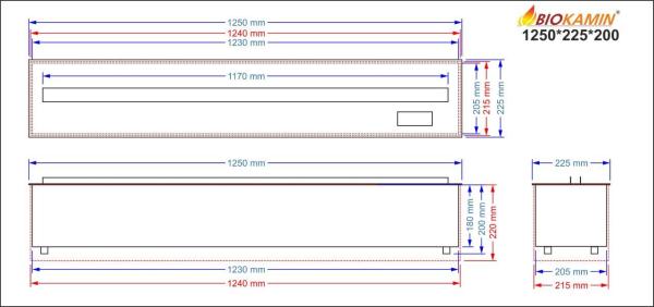 3D atomizing fireplace, flame imitation, width 1250 mm, depth 225 mm 7 colours