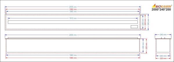 3D atomizing fireplace, flame imitation, width 2000 mm, depth 240 mm 1 colour