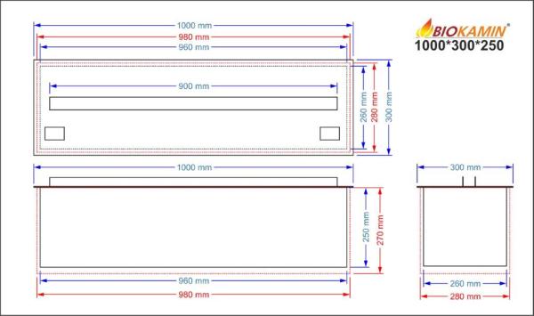 3D atomizing water fireplace, flame imitation, width 1000 mm, depth 300 mm 1 colour