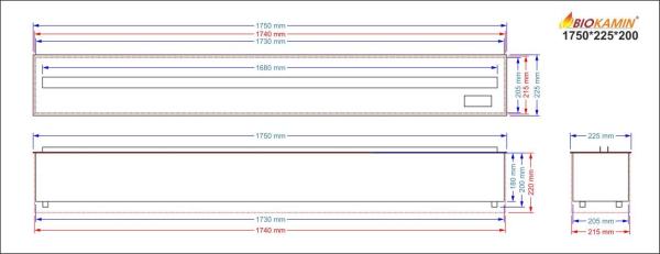 3D atomizing fireplace, flame imitation, width 1750 mm, depth 225 mm 7 colours 3