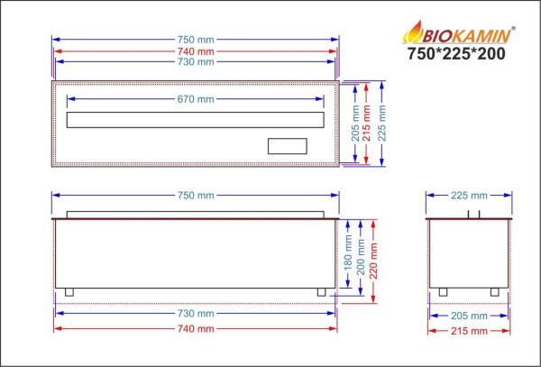 3D atomizing fireplace, flame imitation, width 750 mm, depth 225 mm 7 colours