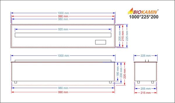 3D atomizing fireplace, flame imitation, width 1000 mm, depth 225 mm 7 colours