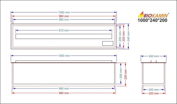 3D atomizing fireplace, flame imitation, width 1000 mm, depth 240 mm 1 colour